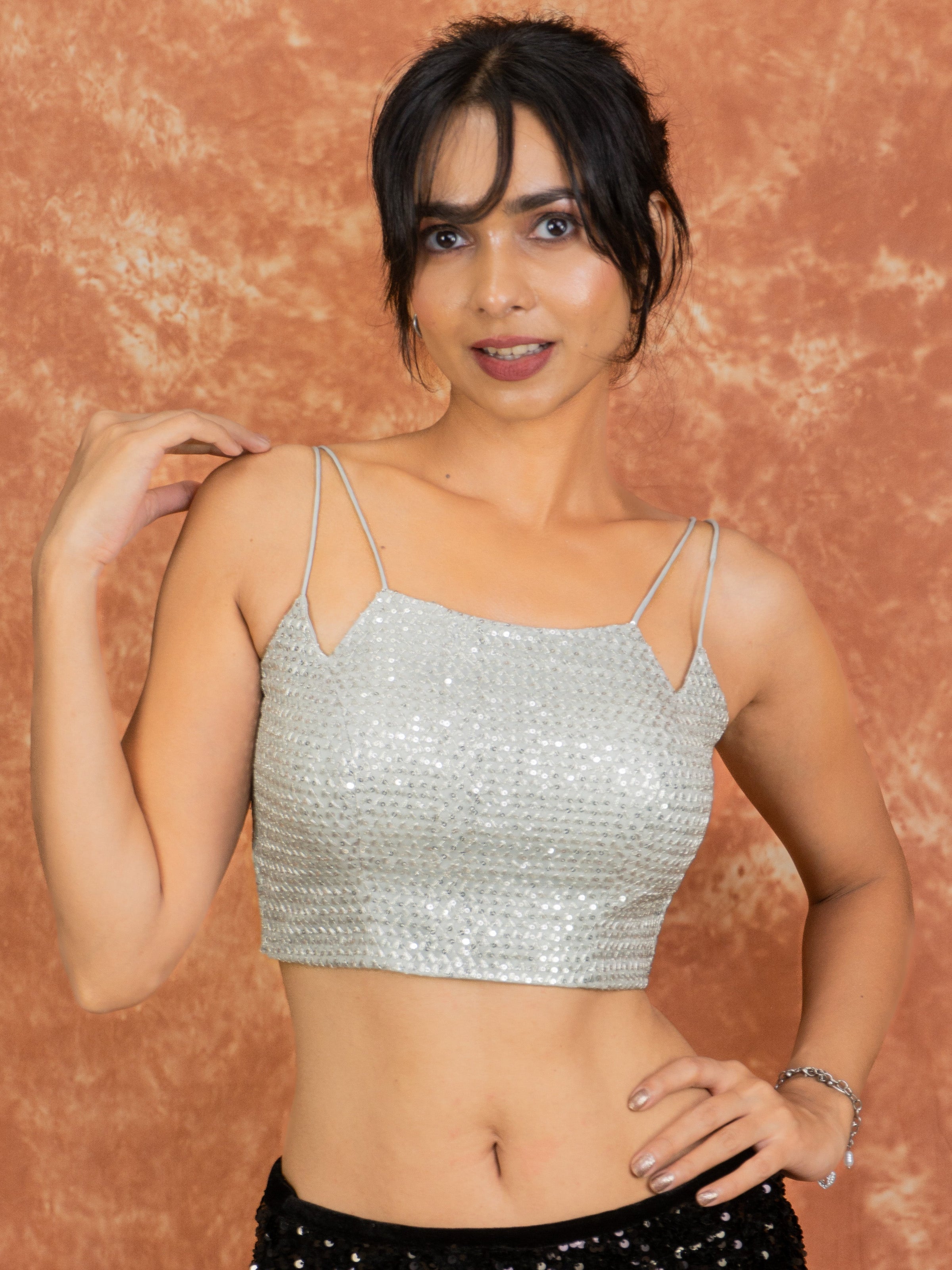 Spaghetti strap sequin embroidered backless readymade saree blouse