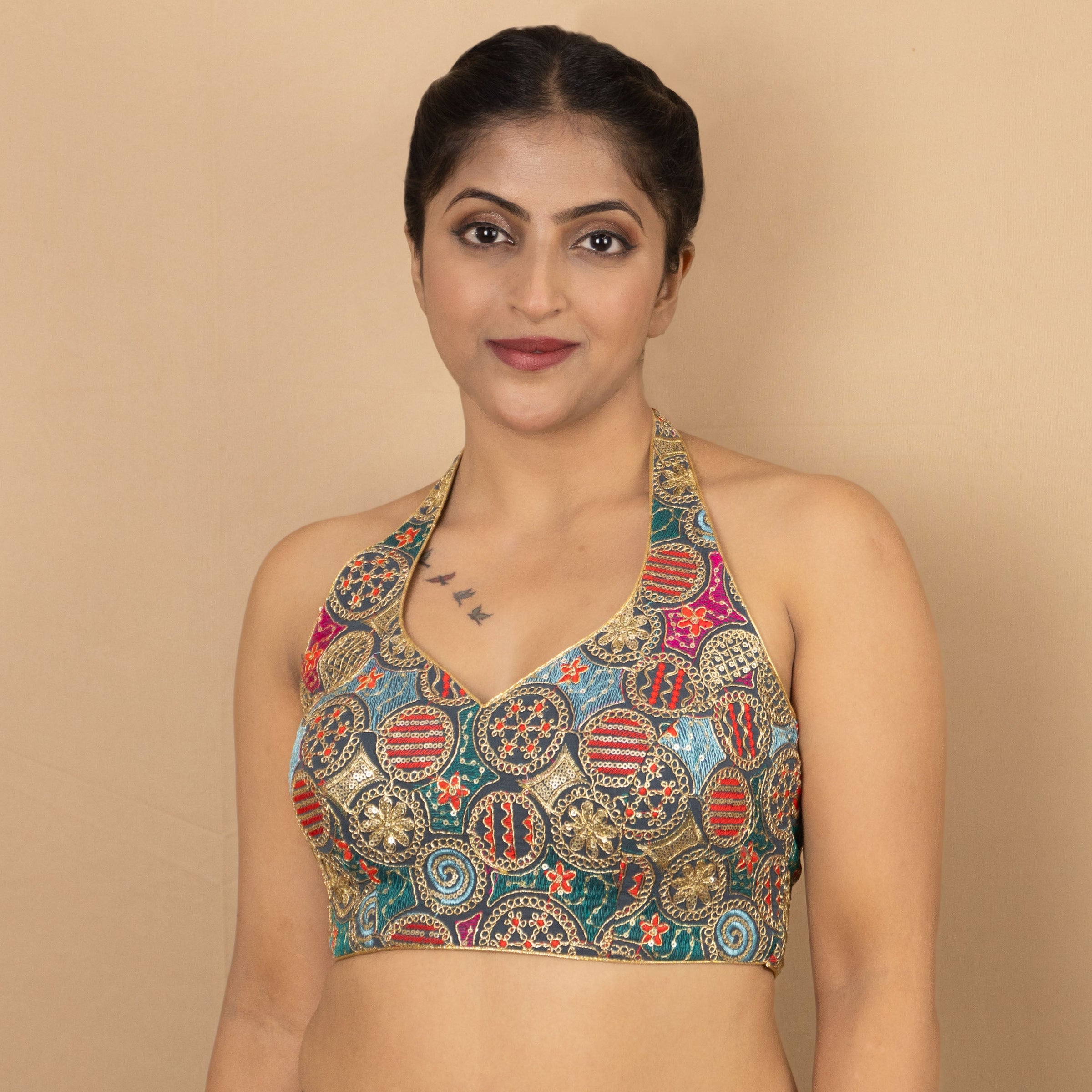 Gold sequin embroidered halter neck readymade saree blouse