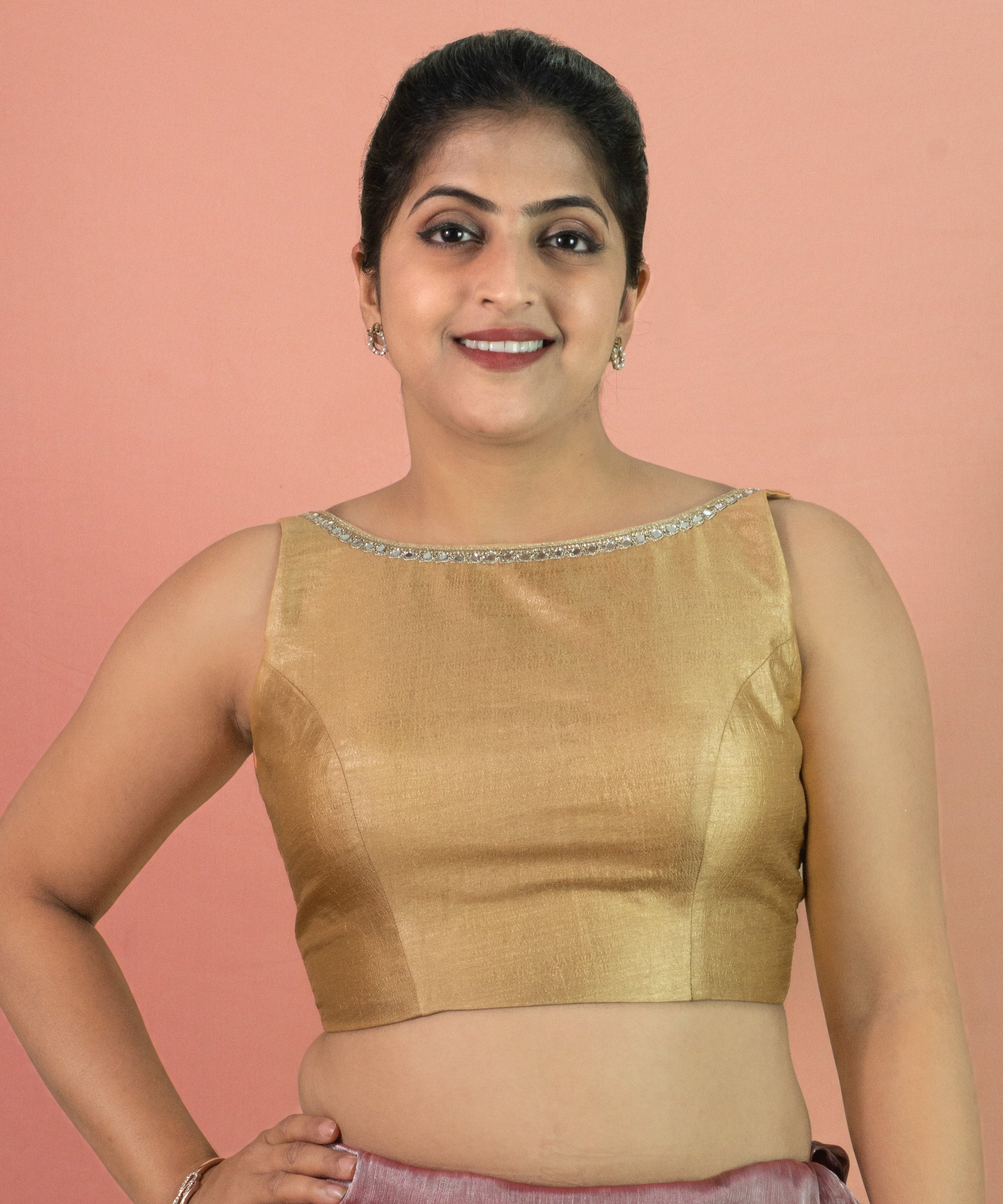 Silk sleeveless boat neck readymade saree blouse