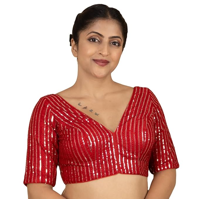 Sequin Embroidered V Neck Elbow Sleeve Readymade Saree Blouse | Plus Size 32–46 | 7 Colours | E1