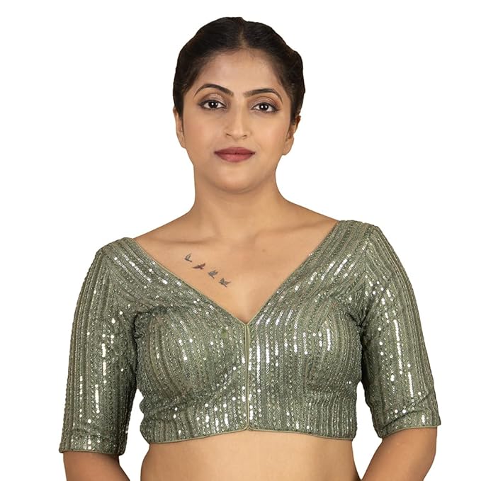 Sequin Embroidered V Neck Elbow Sleeve Readymade Saree Blouse | Plus Size 32–46 | 7 Colours | E1