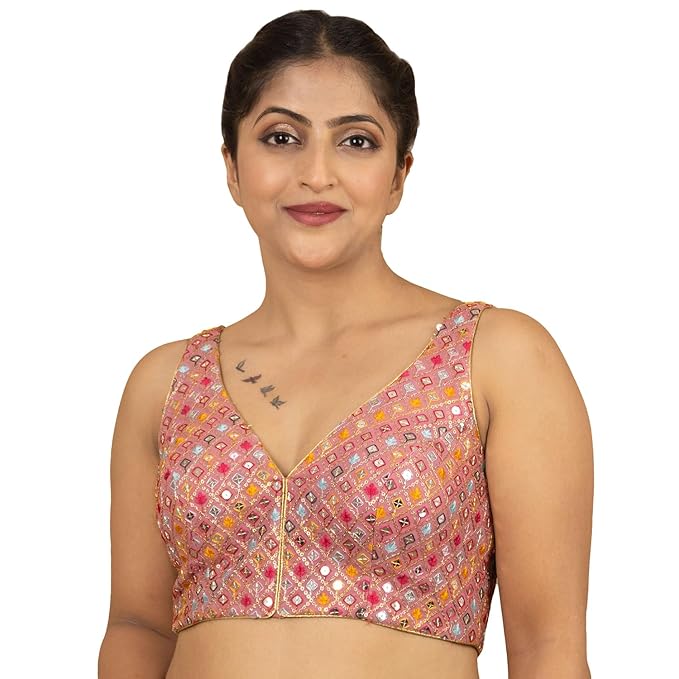Women's Sequin Embroidered Designer Zari Lace Mirror Work V neck Sleeveless Readymade Saree Blouse Padded Stitched Lining Plus Size Pink Red Multicolor Top