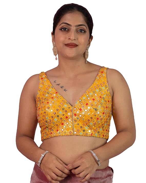 Women's Sequin Embroidered Designer Zari Lace Mirror Work V neck Sleeveless Readymade Saree Blouse Padded Stitched Lining Plus Size Pink Red Multicolor Top