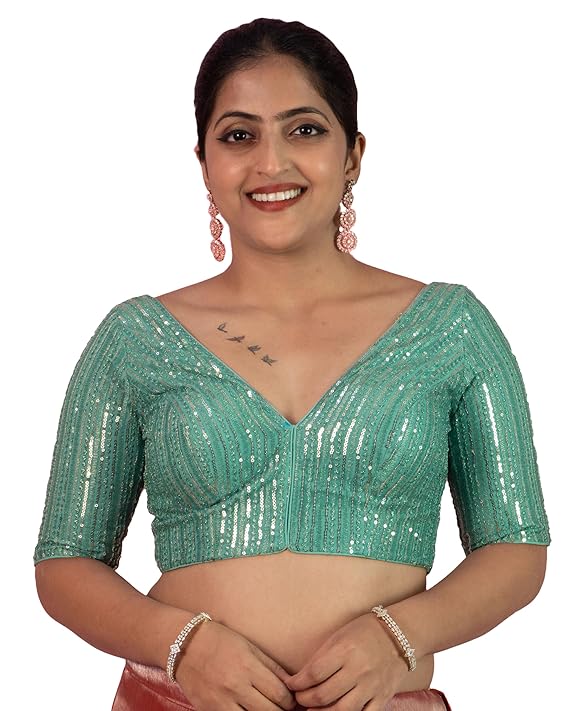 Sequin Embroidered V Neck Elbow Sleeve Readymade Saree Blouse | Plus Size 32–46 | 7 Colours | E1