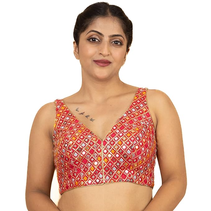 Women's Sequin Embroidered Designer Zari Lace Mirror Work V neck Sleeveless Readymade Saree Blouse Padded Stitched Lining Plus Size Pink Red Multicolor Top