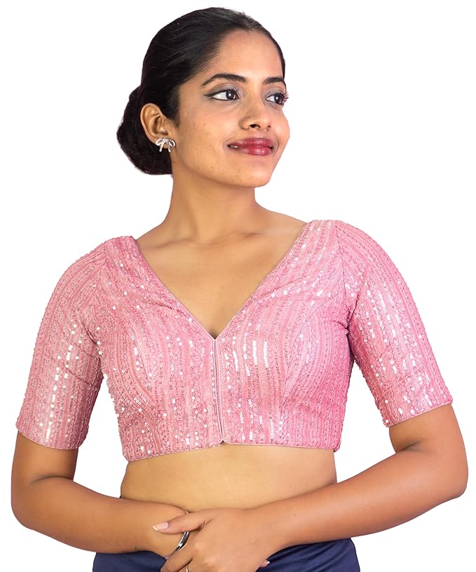 Sequin Embroidered V Neck Elbow Sleeve Readymade Saree Blouse | Plus Size 32–46 | 7 Colours | E1