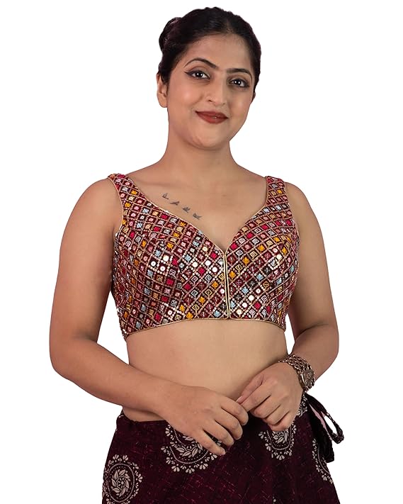 Women's Sequin Embroidered Designer Zari Lace Mirror Work V neck Sleeveless Readymade Saree Blouse Padded Stitched Lining Plus Size Pink Red Multicolor Top