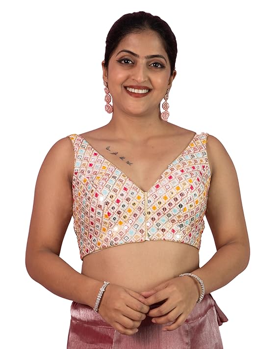 Women's Sequin Embroidered Designer Zari Lace Mirror Work V neck Sleeveless Readymade Saree Blouse Padded Stitched Lining Plus Size Pink Red Multicolor Top