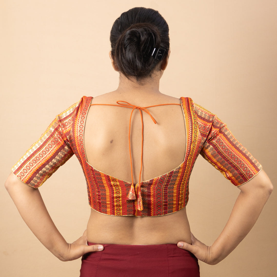Art Silk Brocade Elbow Sleeve V Neck Readymade Saree Blouse | 3 Colours | Sizes 32–40 | B5