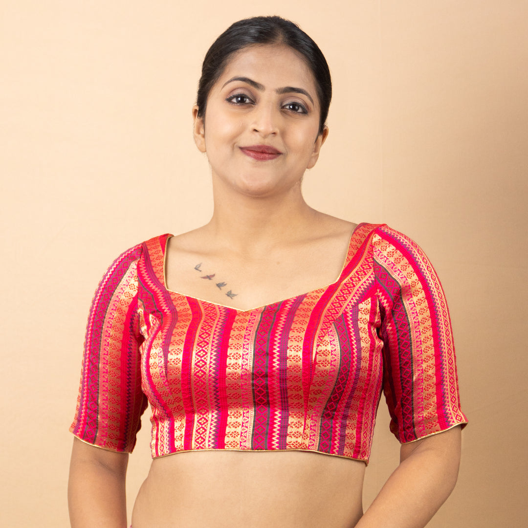 Art Silk Brocade Elbow Sleeve V Neck Readymade Saree Blouse | 3 Colours | Sizes 32–40 | B5