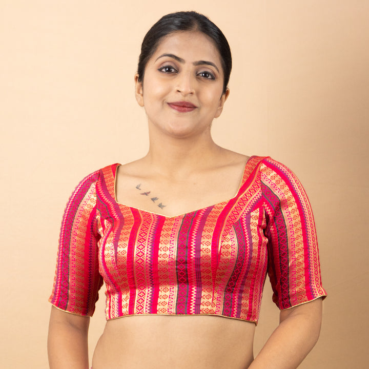 Art Silk Brocade Elbow Sleeve V Neck Readymade Saree Blouse | 3 Colours | Sizes 32–40 | B5