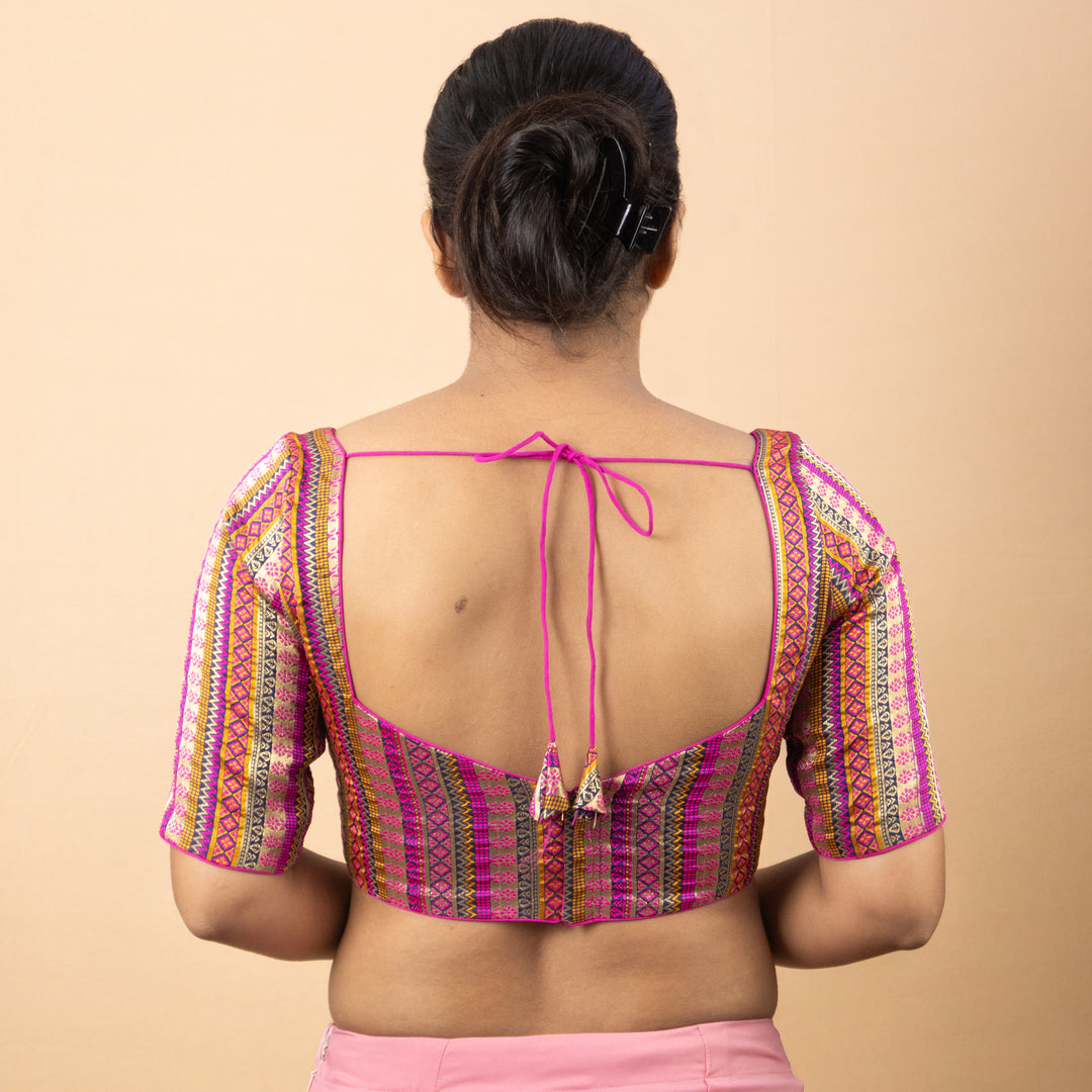 Art Silk Brocade Elbow Sleeve V Neck Readymade Saree Blouse | 3 Colours | Sizes 32–40 | B5
