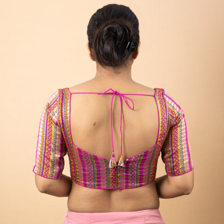 Art Silk Brocade Elbow Sleeve V Neck Readymade Saree Blouse | 3 Colours | Sizes 32–40 | B5