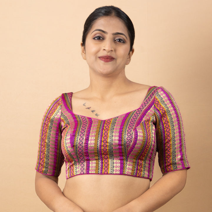 Art Silk Brocade Elbow Sleeve V Neck Readymade Saree Blouse | 3 Colours | Sizes 32–40 | B5
