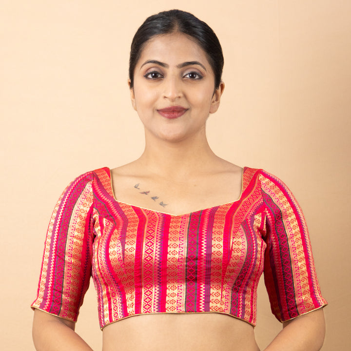 Art Silk Brocade Elbow Sleeve V Neck Readymade Saree Blouse | 3 Colours | Sizes 32–40 | B5