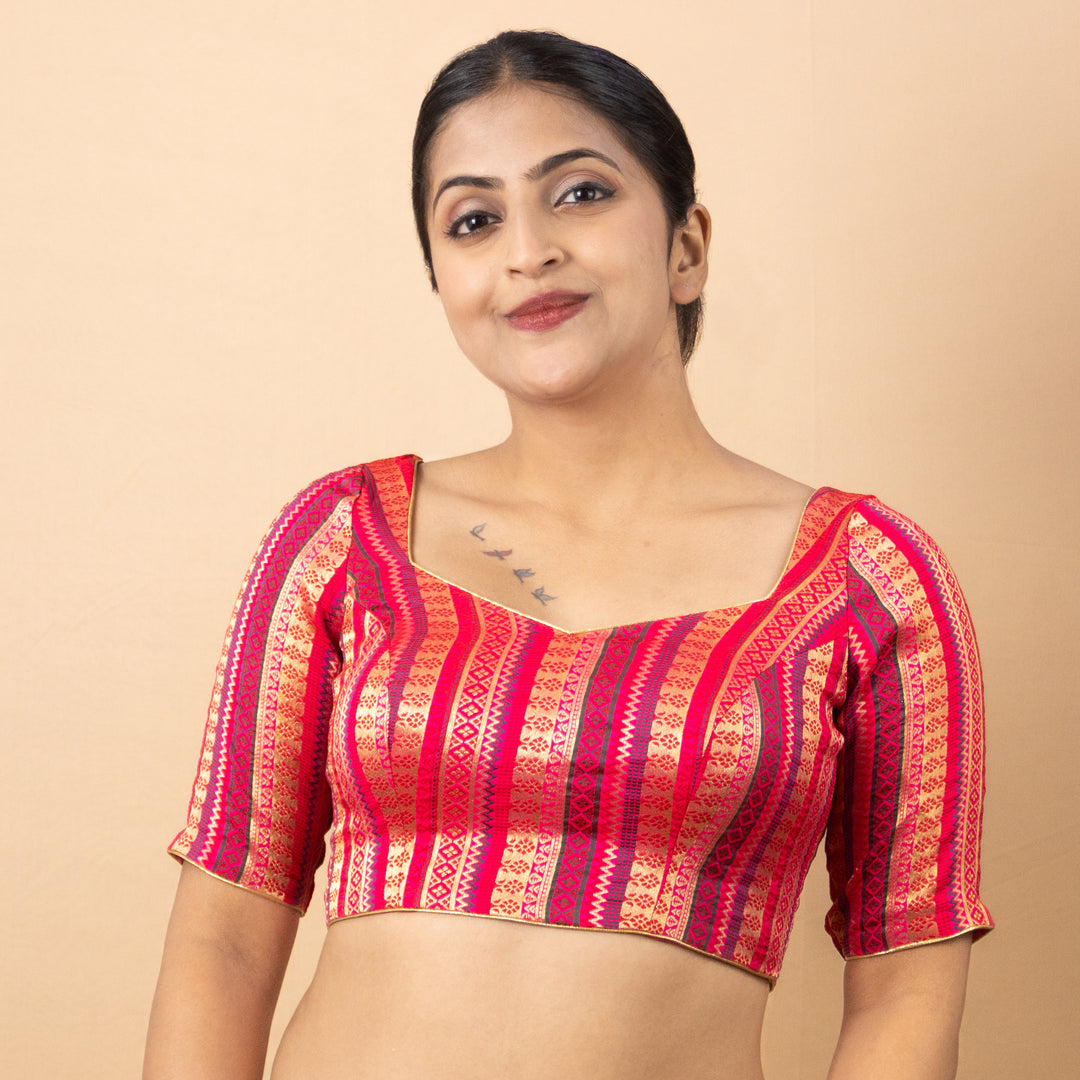 Art Silk Brocade Elbow Sleeve V Neck Readymade Saree Blouse | 3 Colours | Sizes 32–40 | B5