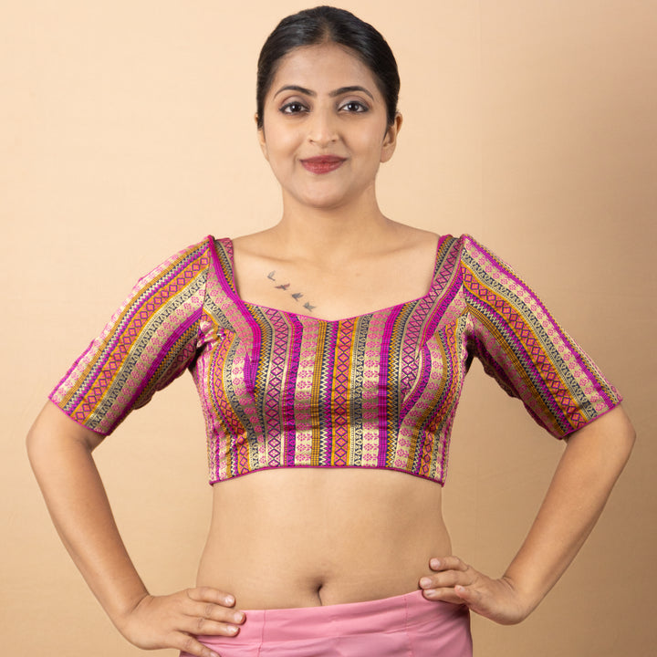 Art Silk Brocade Elbow Sleeve V Neck Readymade Saree Blouse | 3 Colours | Sizes 32–40 | B5