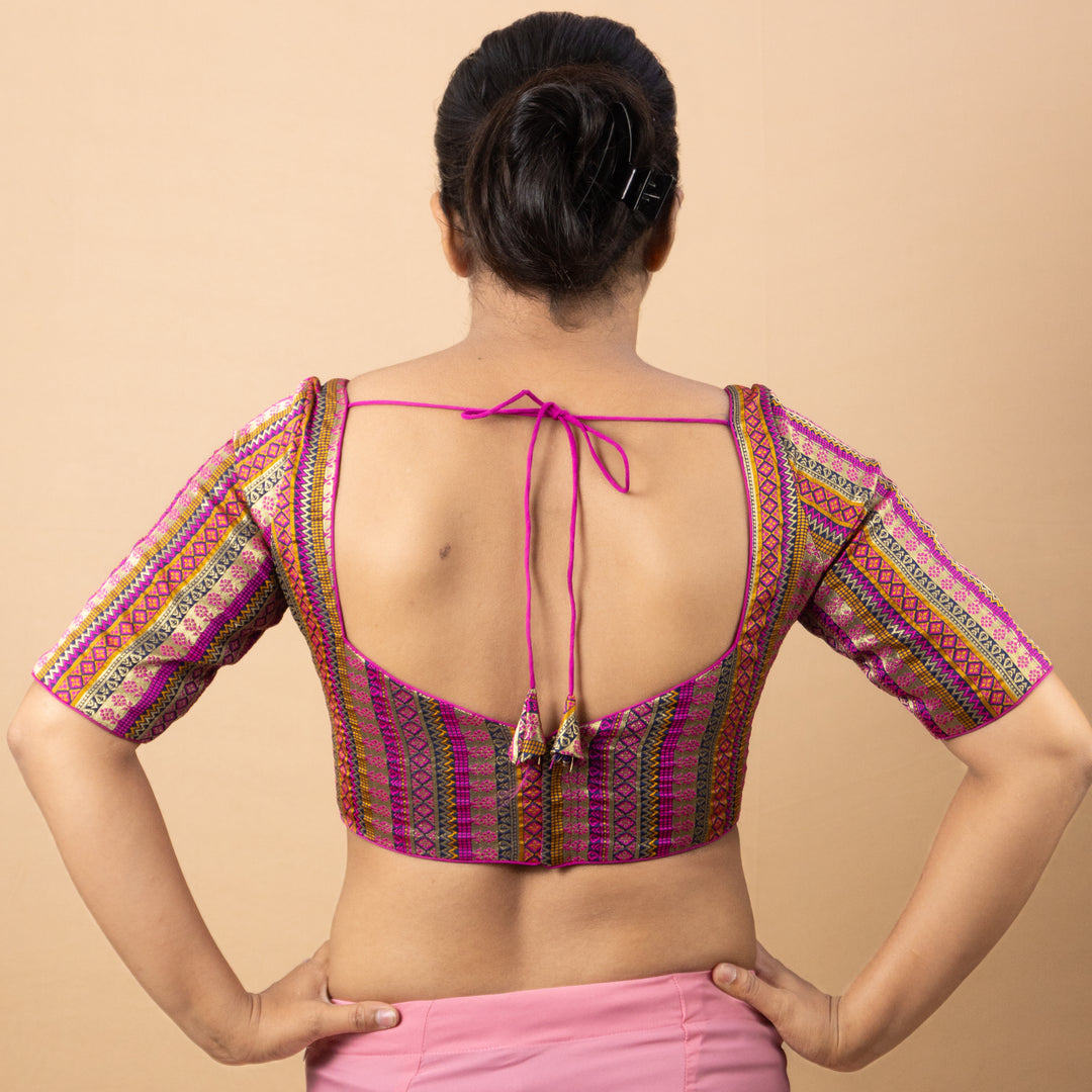Art Silk Brocade Elbow Sleeve V Neck Readymade Saree Blouse | 3 Colours | Sizes 32–40 | B5
