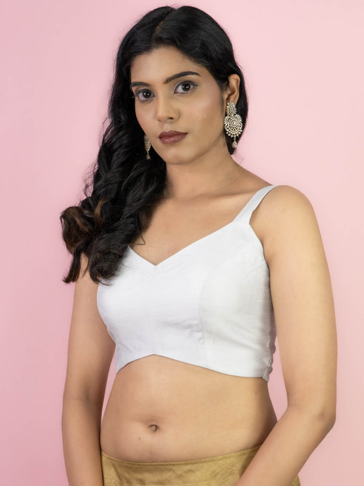 Dupion Silk Sleeveless V Neck Spaghetti Strap Readymade Saree Blouse | 4 Colours | Sizes 32–40 | SP3