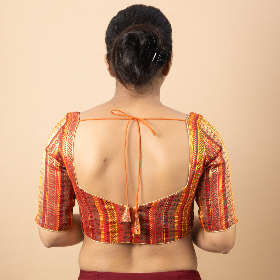 Art Silk Brocade Elbow Sleeve V Neck Readymade Saree Blouse | 3 Colours | Sizes 32–40 | B5