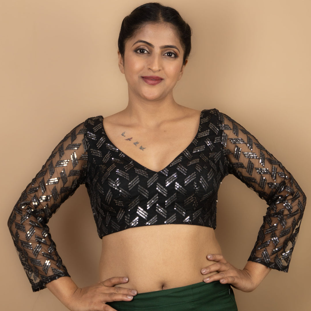 Women's Sequin Embroidered V Neck Fancy Full Sleeves Designer Net Padd