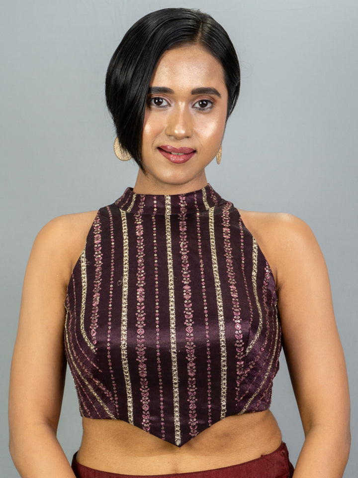 Sequin Chinese Collar Halter Neck Sleeveless Readymade Saree Blouse | 4 Colours | Sizes 32–42 | E25