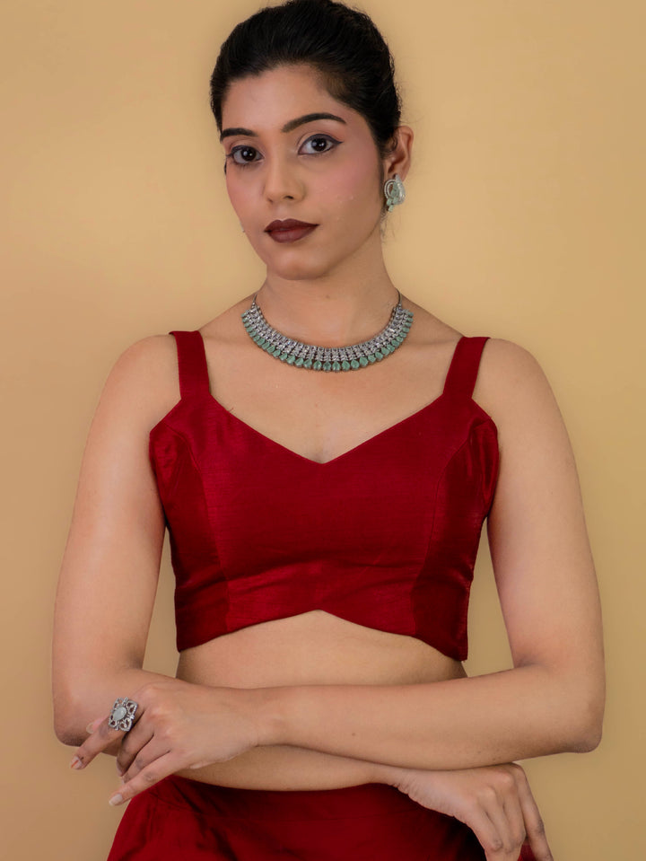 Dupion Silk Sleeveless V Neck Spaghetti Strap Readymade Saree Blouse | 4 Colours | Sizes 32–40 | SP3