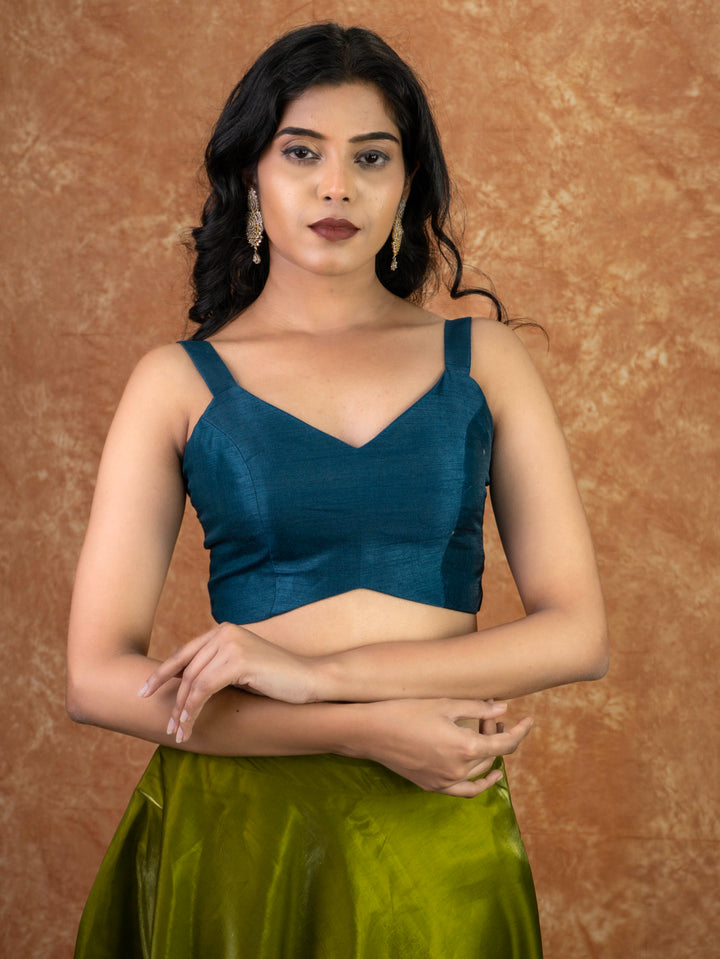 Dupion Silk Sleeveless V Neck Spaghetti Strap Readymade Saree Blouse | 4 Colours | Sizes 32–40 | SP3
