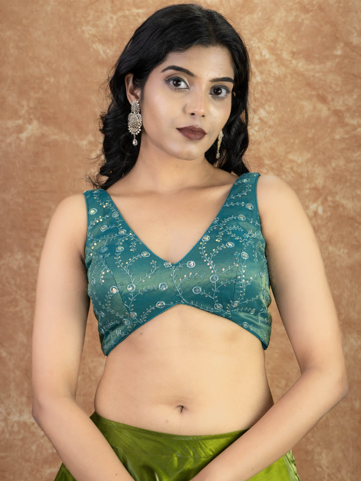 Sequin Embroidered Sleeveless V Neck Readymade Saree Blouse | 5 Colours | Sizes 32–40 | E27