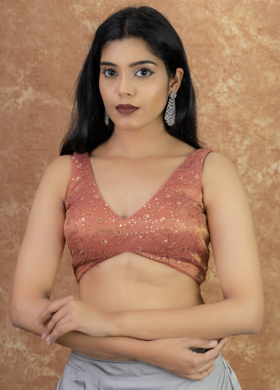 Sequin Embroidered Sleeveless V Neck Readymade Saree Blouse | 5 Colours | Sizes 32–40 | E27