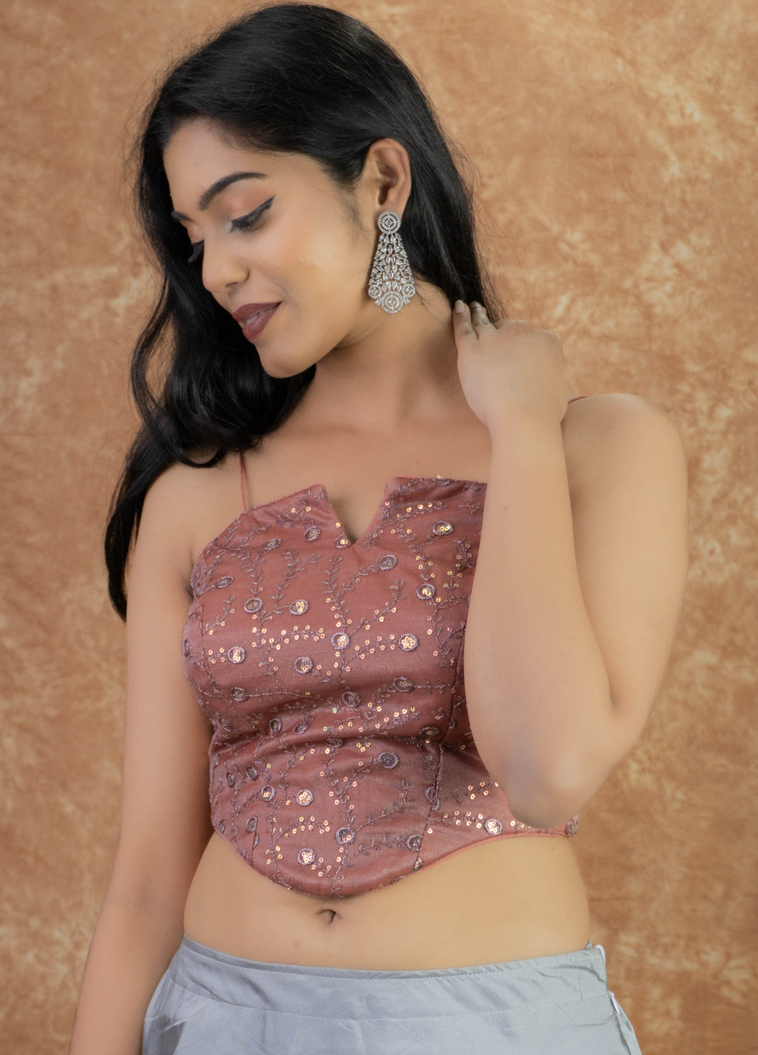 Sequin Embroidered Sleeveless V Neck Corset Readymade Saree Blouse | 4 Colours | Sizes 32–40 | C5
